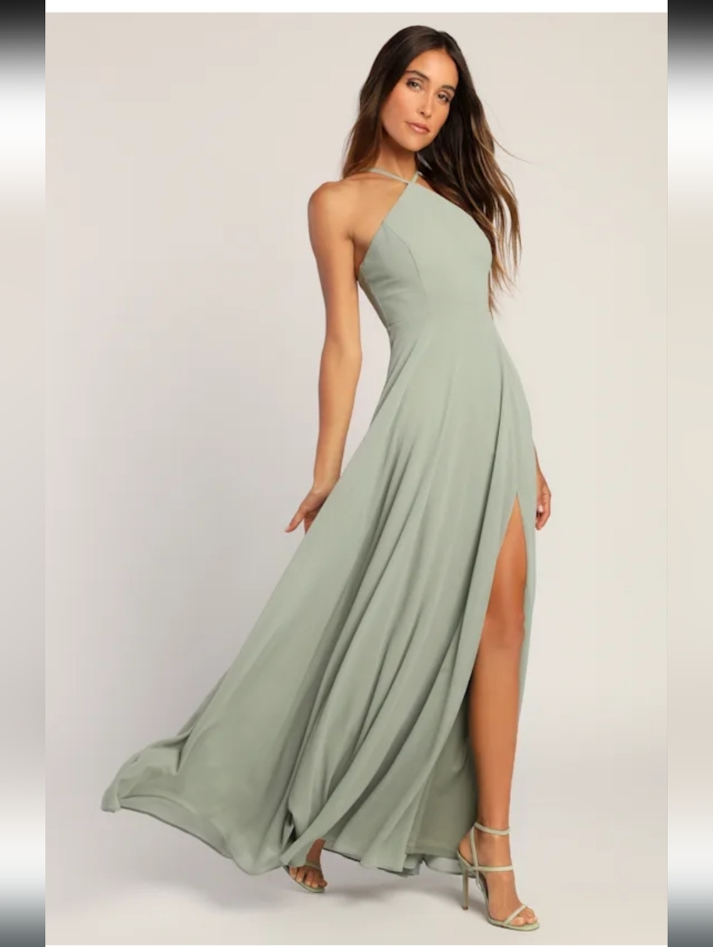 NWT Lulus Absolutely Breathtaking Sage Brush Halter Maxi Dress Size Small